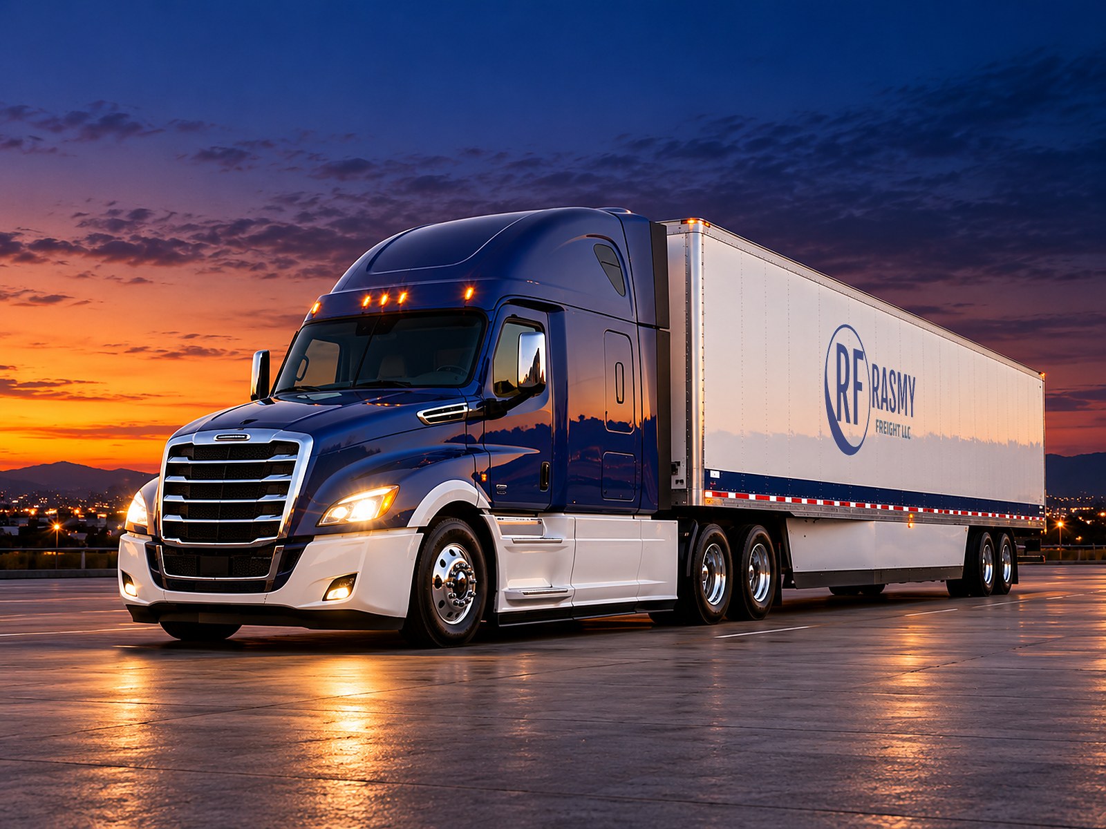 Newer Freightliner Cascadia sleeper tractor with a Rasmy Freight dry van at dusk