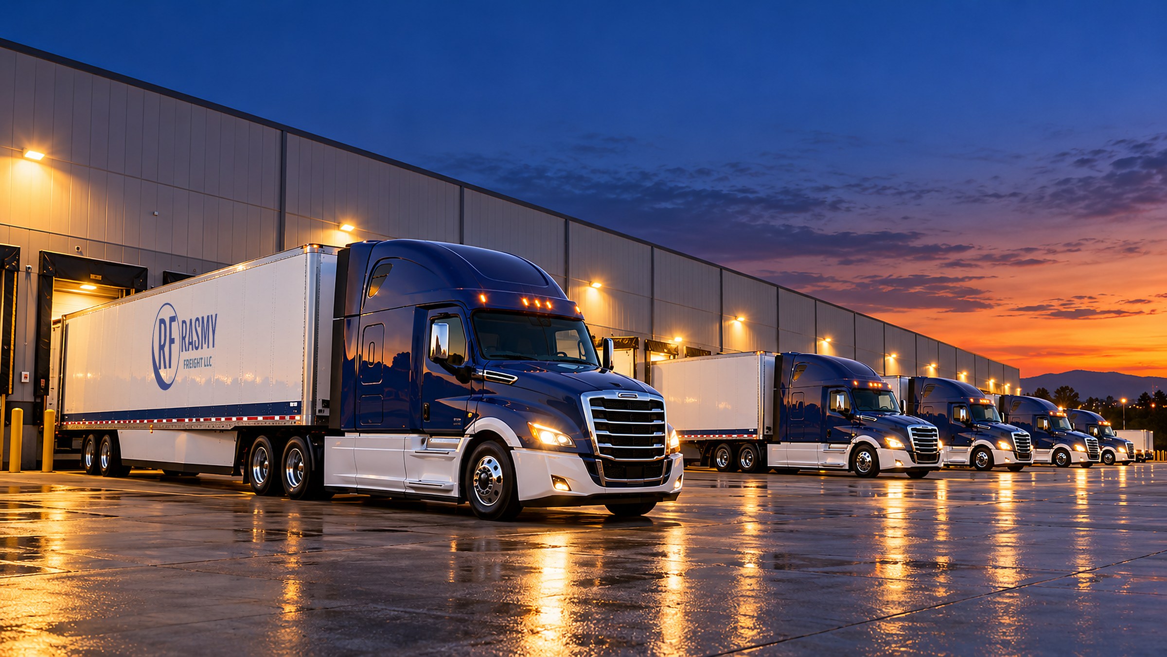 Rasmy Freight tractor and dry van at a distribution center loading dock at dusk, with more trucks lined up behind