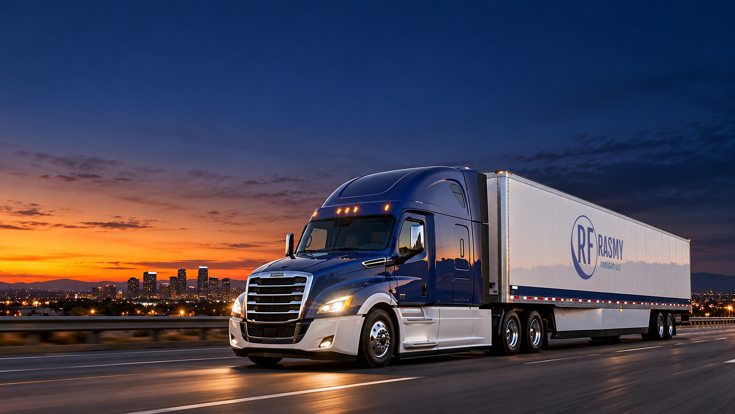 Newer sleeper tractor pulling a 53-foot Rasmy Freight dry van down the interstate at dusk